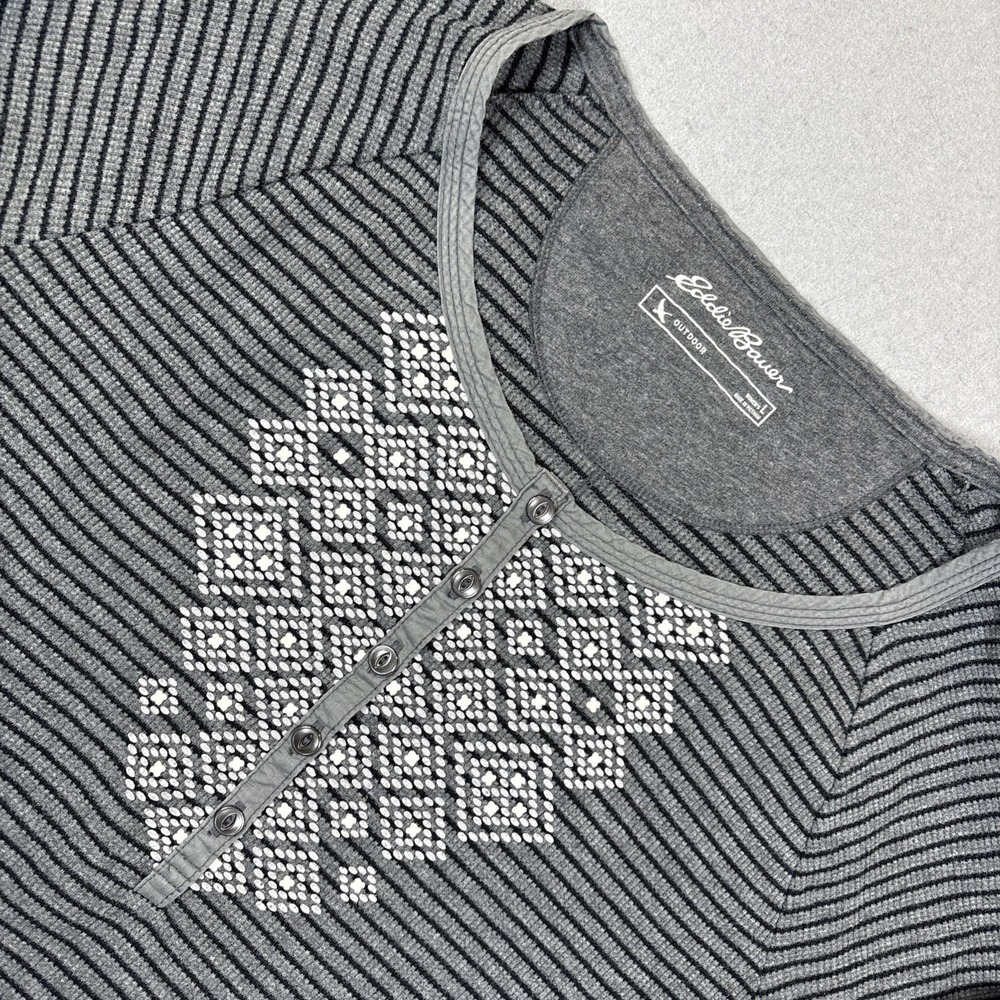 Womens Eddie Bauer Gray Striped Thermal Henley Long Sleeve Large Design Buttons